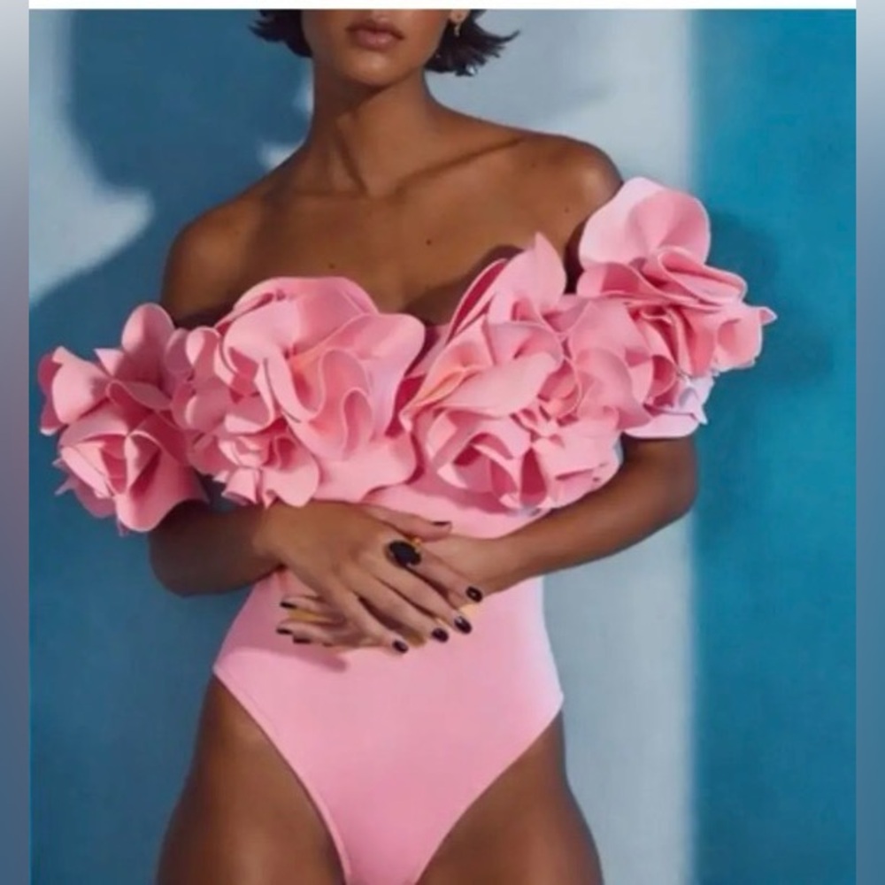 Pink Ruffled Shoulder One-Piece Swimsuit